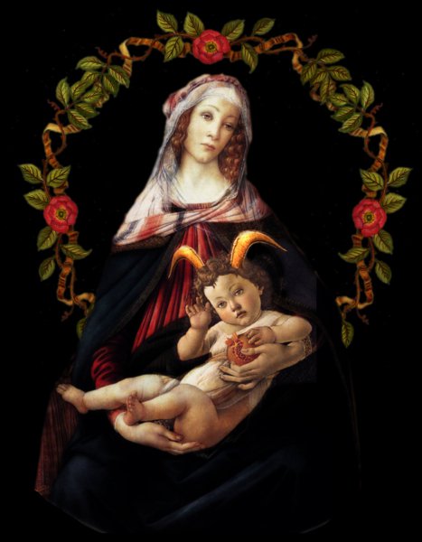 Variation of the painting, Our Lady of the Pomegranate by Sandro Botticelli, ca. 1487. Modified by Josue Gar-Pickerling